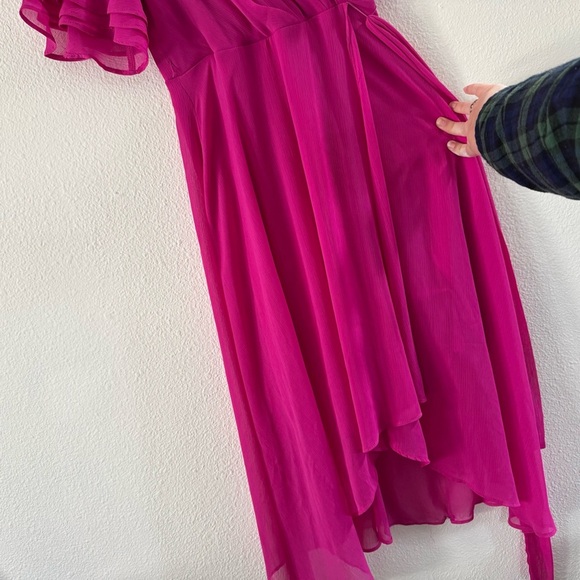 DKNY Pink Chiffon Barbiecore Wrap Dress Ruffle Sleeve Feminine Vibrant Size 2 - Picture 7 of 16